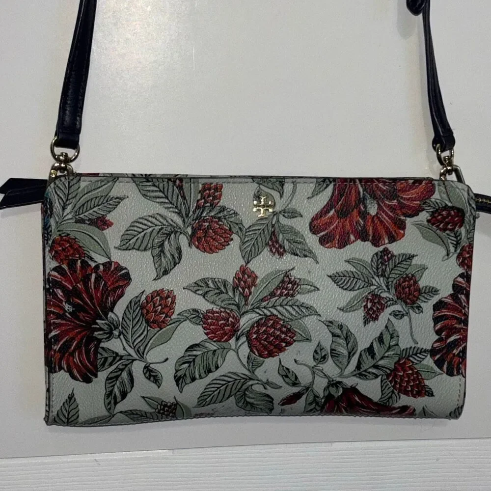Tory Burch Kerrington navy green red Evergreen floral crossbody purse bag